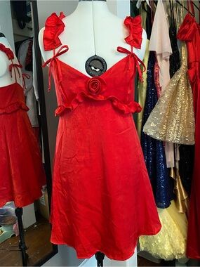 Red Ruffled Satin Mini Dress with Rosette Detail